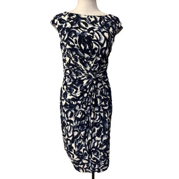 Ralph Lauren Dress 8 Stretch Sheath Blue Ivory Washable Knot Sleeveless NEW - Picture 1 of 11